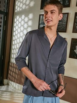 Campus Sutra - Men Charcoal Grey Solid Cuban Shirt