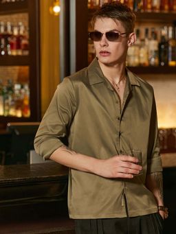 Campus Sutra - Men Olive Solid Cuban Shirt