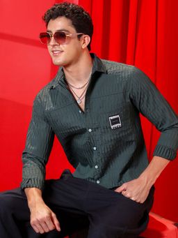 Campus Sutra - Men Forest Green Panelled -Tactile Shirt