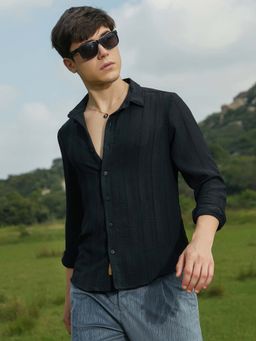 Campus Sutra - Men Onyx Black Trough-Tactile Shirt