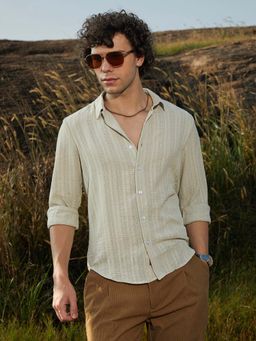 Campus Sutra - Men Saltbox Beige Trough-Tactile Shirt