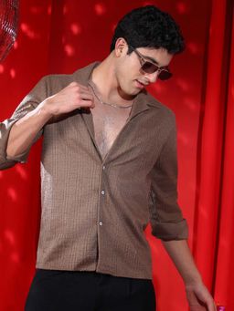 Campus Sutra - Men Ash Brown Tactile Cuban Shirt