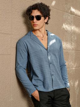 Campus Sutra - Men Azure Blue Striped Cuban Shirt
