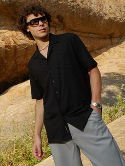 Campus Sutra - Men Onyx Black Ridge-Ribbed Shirt