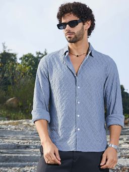 Campus Sutra - Men Cornflower Blue Herringbone-Tactile Shirt