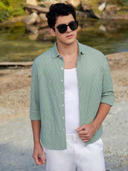 Campus Sutra - Men Mint Green Herringbone-Tactile Shirt