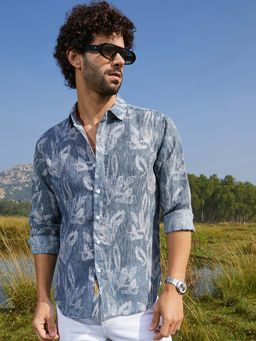 Campus Sutra - Men Steel Blue Stroked-Petals Shirt