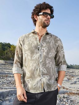 Campus Sutra - Men Olive Stroked-Petals Shirt