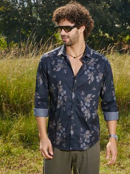 Campus Sutra - Men Prussian Blue Stamped-Foliage Shirt