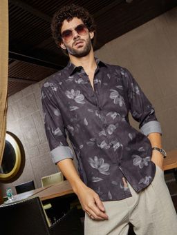 Campus Sutra - Men Charcoal Stamped-Botanic Shirt