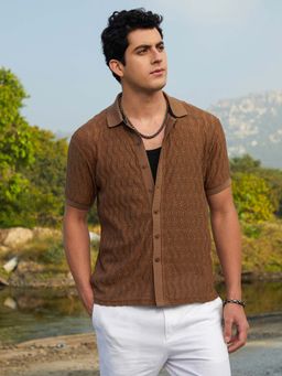 Campus Sutra - Men Chocolate Brown Swirl-Knit Polo Shirt
