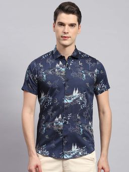 Monte Carlo - Men's Navy Blue Printed Pure Cotton Shirt
