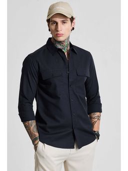 Snitch - Navy Blue Solid Slim Casual Shirt