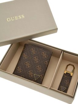 Guess - Men Brown Monogram PU Wallet & Key Ring (Set of 2)