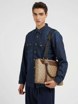 Guess - Men Beige Printed PU Laptop Bag with Detachable Strap
