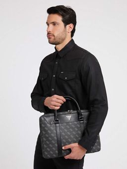 Guess - Men Black Printed PU Laptop Bag with Detachable Strap