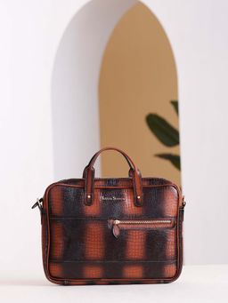 Louis Stitch - Textured Italian Leather Tan Slim Dual Tone Laptop Bag with Detachable Strap