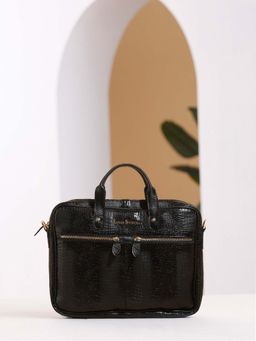 Louis Stitch - Textured Italian Leather Jet Black Slim Dual Tone Laptop Bag with Detachable Strap