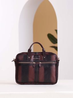 Louis Stitch - Textured Italian Leather Brunette Brown Slim Dual Tone Laptop Bag with Detachable Strap