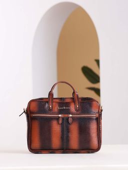Louis Stitch - Textured Italian Leather Tan Slim Dual Tone Laptop Bag with Detachable Strap