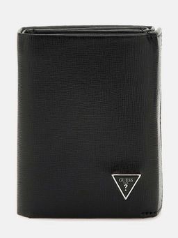 Guess - Men Black Solid Leather Tri-Fold Wallet