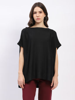 Global Republic - Cotton Blend Solid Boat Neck Black Top