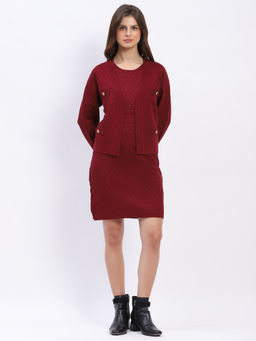 Global Republic - Viscose Self Design Round Neck Mini Wine Dress with Shrug