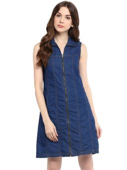 StyleStone - Women Denim Zipper Knee Length Navy Blue Dress