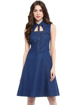 StyleStone - Women Skater Knee Length Navy Blue Dress