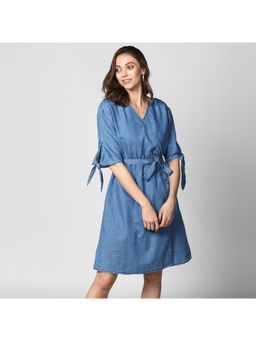 StyleStone - Women Wrap Above Knee Length Blue Dress