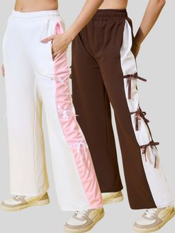 Buynewtrend - Women Side Bow Design Wide Leg Multi Color Trouser (Pack of 2)