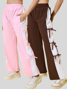 Buynewtrend - Women Side Bow Design Wide Leg Multi Color Trouser (Pack of 2)