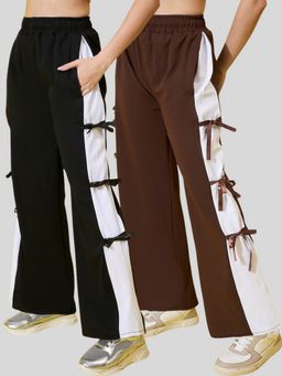 Buynewtrend - Women Side Bow Design Wide Leg Multi Color Trouser (Pack of 2)