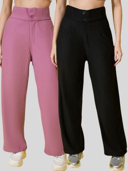 Buynewtrend - Cotton Ribbed Non-Stretchable Women Multi Color Trouser (Pack of 2)
