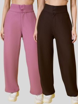 Buynewtrend - Cotton Ribbed Non-Stretchable Women Multi Color Trouser (Pack of 2)