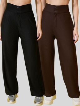 Buynewtrend - Cotton Ribbed Non-Stretchable Women Multi Color Trouser (Pack of 2)