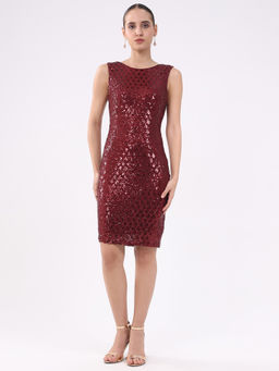 Global Republic - Poly Spandex Sequin Boat Neck Knee Length Wine Dress