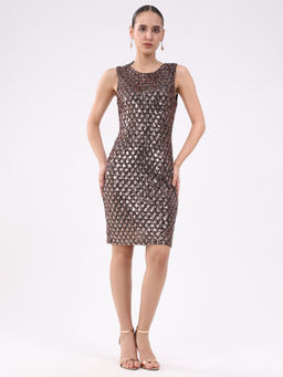 Global Republic - Poly Spandex Sequin Boat Neck Knee Length Brown Dress