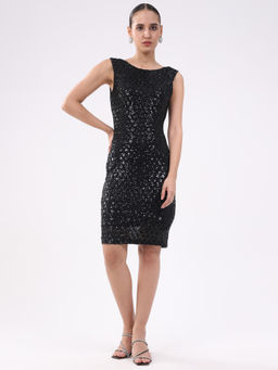 Global Republic - Poly Spandex Sequin Boat Neck Knee Length Black Dress