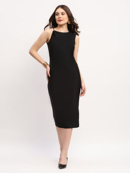 Global Republic - Polyester Spandex Solid Asymmetric Midi Black Dress