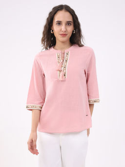 Global Republic - Cotton Embellished Mandarin Collar Blouson Pink Top