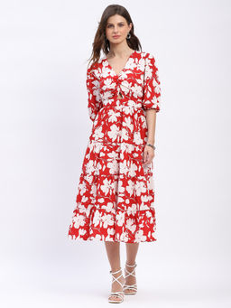 Global Republic - Polyester Crepe Floral Print V-Neck Midi Red Dress