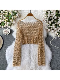 MISS MOSA BY AKANKSHA - Zinia Mesh Sequined Crop Gold Top