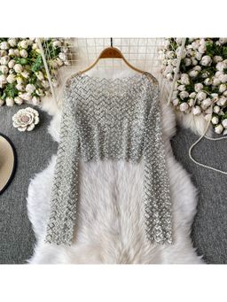 MISS MOSA BY AKANKSHA - Zinia Mesh Sequined Crop Silver Top