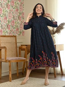 Rustorange - Navy Blue Polka Dots and Floral Fit and Flare Dress