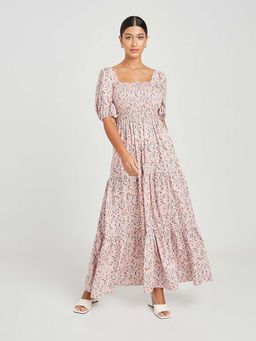 Styli - Pink Puff Sleeves Ditsy Print Square Neck Tiered A-line Maxi Dress