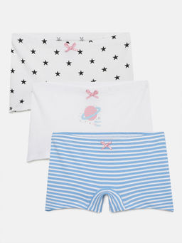 mackly - Girls Printed Cotton Boxer White and Blue (Pack of 3)