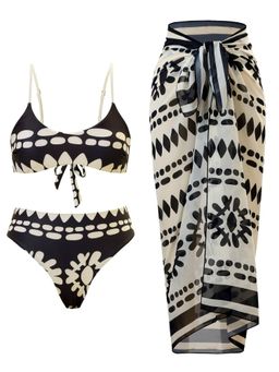 Addery - Black and White Tribal Print Bikini with Panty & Matching Sheer Sarong