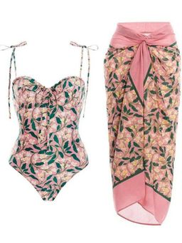 Addery - Pink Leaf Print One Piece Monokini with Adjustable Tie Straps and Matching Knot Sarong