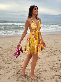 WomanLikeU - Halter Neck Flared Printed Dress